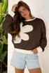 Raw Edge Flower Patch Drop Shoulder Contrast Rib Crewneck Long Sleeve Top